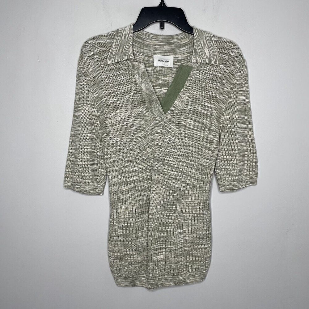 HOLZWEILER Knit Top Womens Large Green Green Short Sleeve Polo Viscose Blend